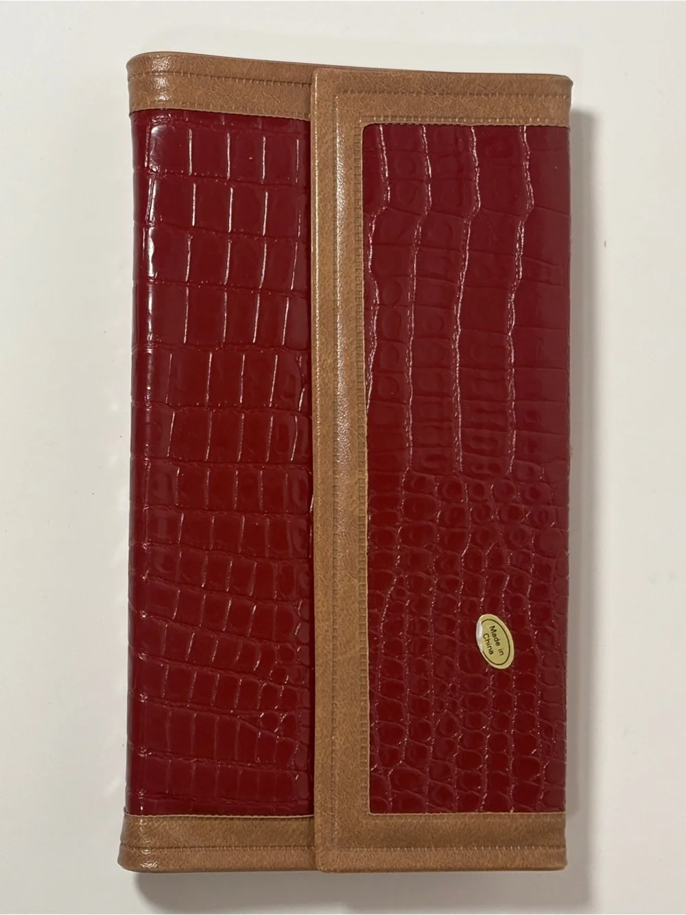 Red Black Crocodile Embossed Leather Checkbook Wallet Brown Trim
